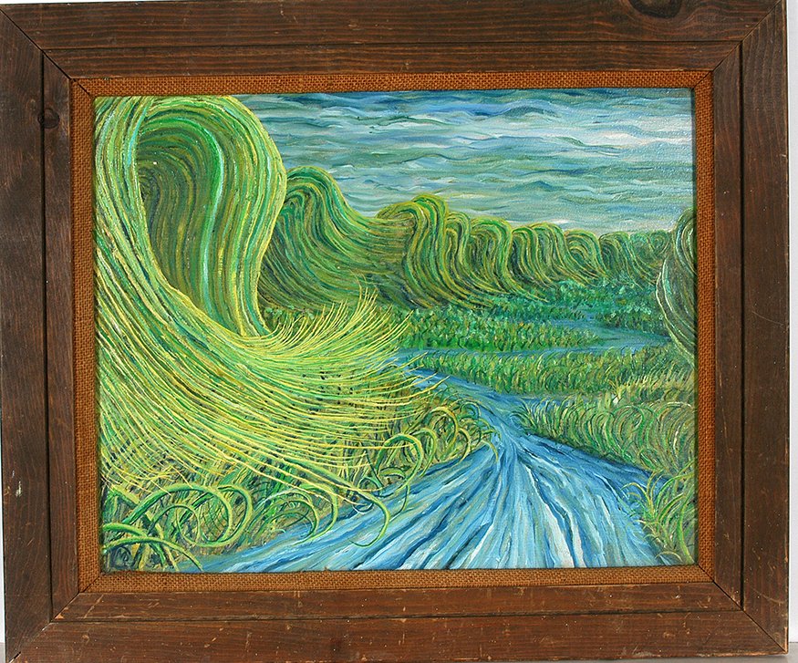 Martin Dean Coppinger. Fantasy River Grass.: Martin Dean Coppinger. Fantasy River Grass. Initialed. Not dated. Oil on masonite. Excellent condition. 25”w x 22”h with frame. Est. $200-400. Ship: $45