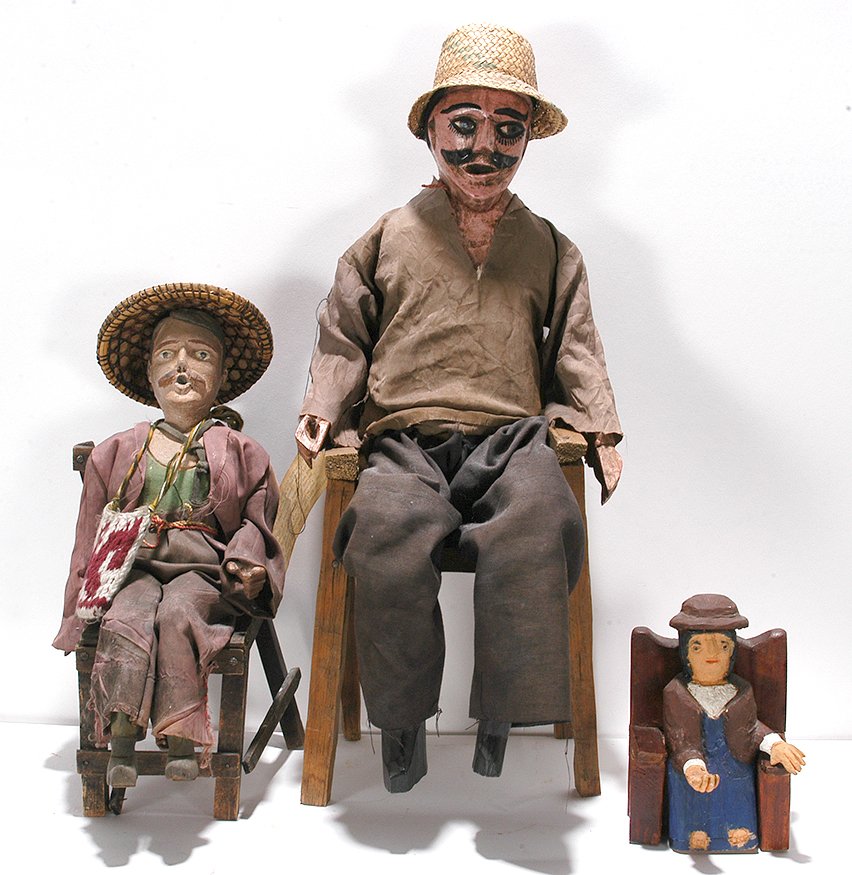 Three Effigies Of Maximon: Unknown. Three Effigies Of Maximon. Carved and painted wood with cloth and straw hat. Great condition. Tallest is 22”h. Est. $200-300. Ship: $65