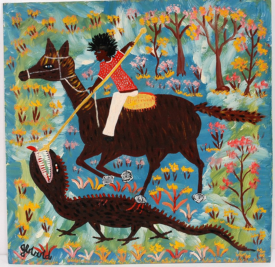 Gerard Fortune. Kill The Croc.: Gerard Fortune. Kill The Croc. Signed. Not dated. Paint on masonite. Excellent condition. 24” x 24”. Est. $300-500. Ship: $45
