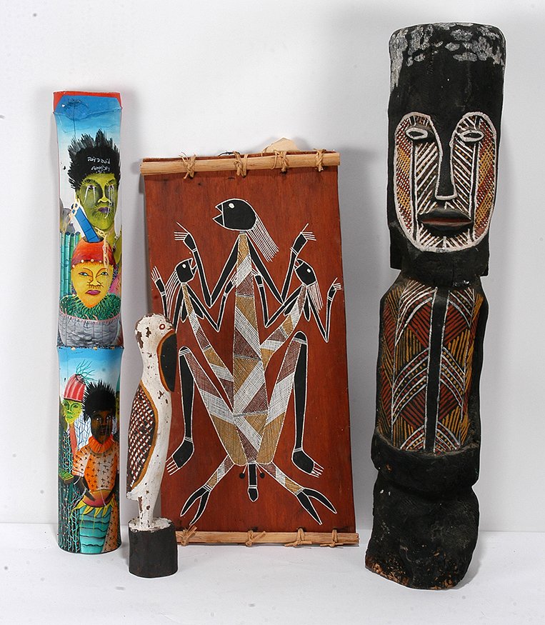 Aboriginal Artists. 4 Works.: Aboriginal Artists. Four Works. Not signed or dated. Paint on wood and bark. Great condition. Tallest is 29”h. Est. $300-500. Ship: $85