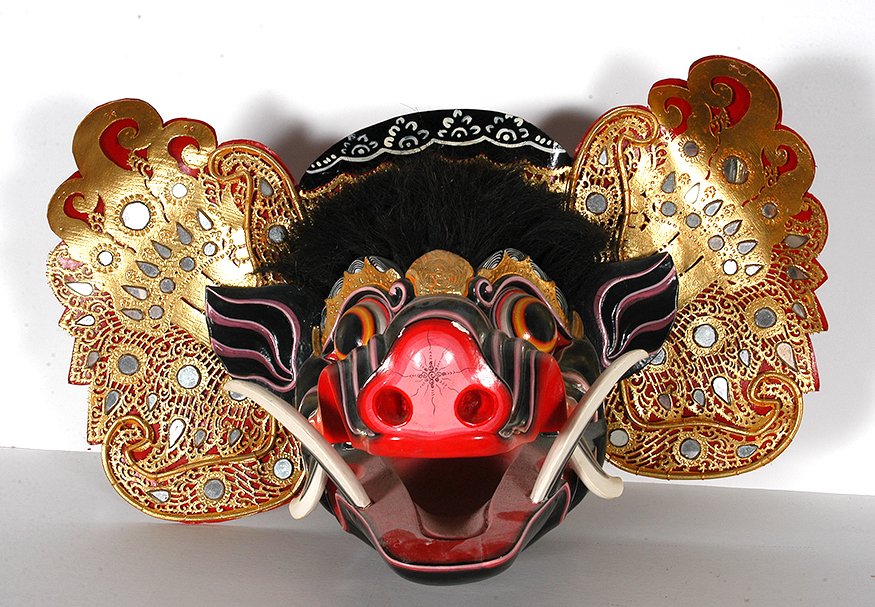 I Wayan Muka. Bangkal Mask.: I Wayan Muka. Bangkal Mask. 1995. Carved and painted wood with goat leather. 23”x 17”. Great condition. Origin is Bali, Indonesia. Est. $300-400. Ship: $85