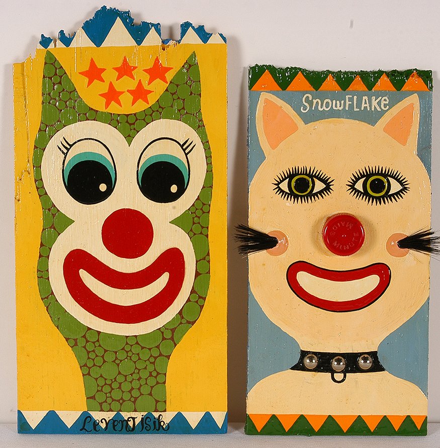 Levent Isik. Strange Cat & Snow Flake.: Levent Isik. Strange Cat and Snow Flake. 2006. Signed and dated. Pair. Paint and mixed media on found boards. Excellent condition. Largest is 8” x 12” x 1’. Est. $200-300. Ship: $35