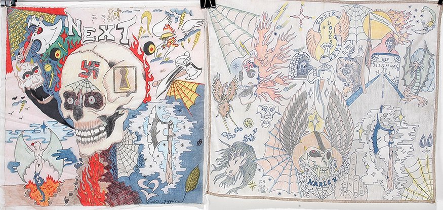 Prison Artists. Handkerchief Art.: Prison Artists. Handkerchief Art. c. 1980’s. Ink on cloth. Great condition. Average size is 17” x 17”. Est. $100-200. Ship: $25
