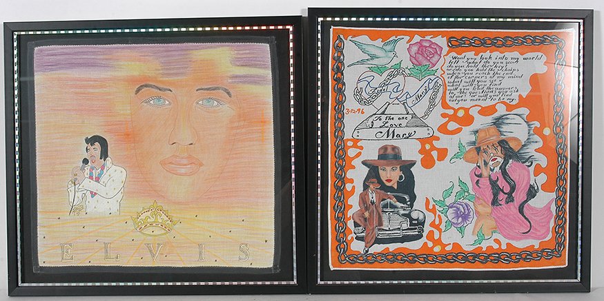 Prison Artists. Pair of Panos.: Prison Artists. Pair of Panos. Ink on cotton handkerchief. Excellent condition. Size with frame is 18” w x 17” each. Est. $200-300. Ship: $45
