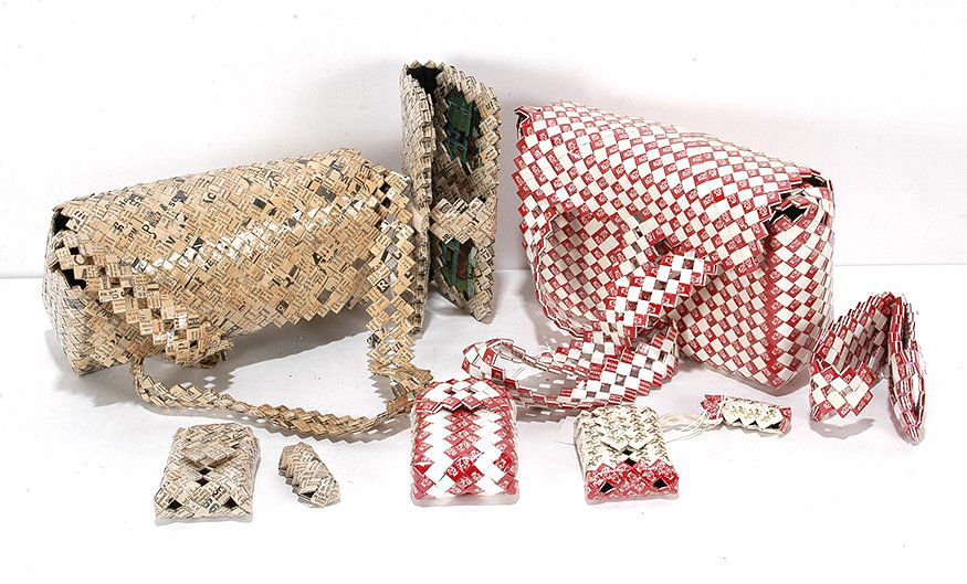 Prison. 2 Purses, 2 Clutches & Cigarette Case.: Prison Artists. 2 Purses, 2 Clutches & Cigarette Case. Folded red and white cigarette packs and newsprint. Excellent condition. Average size is 7” x 11”. Est. $200-300. Ship: $45