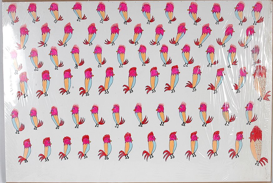 Floyd Glover. 71 Red-Headed Chickens.: Floyd Glover. 71 Red-Headed Chickens. Not signed or dated. Ink and marker on poster. Excellent condition. 35”w x 24”h. Est. $100-200. Ship: $55