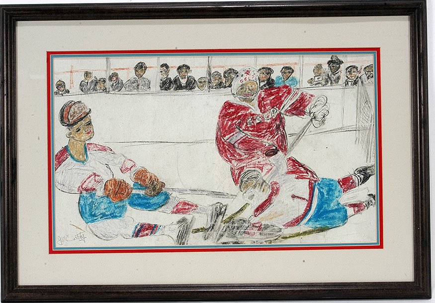 Justin McCarthy. Red Army Team vs. Montreal.: Justin McCarthy. Russian Red Army Team vs. Montreal. Signed. Not dated. Crayon and pencil on paper. Tear at lower right, otherwise good condition. Size with frame is 29” w x 20”h. Est. $800-1,200.