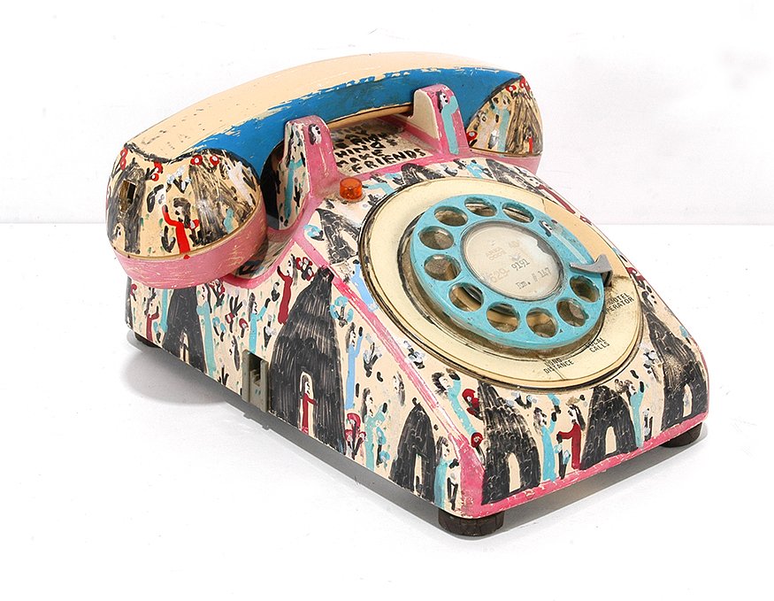 Howard Finster. Say The Right Thing Phone.: Howard Finster. Say The Right Thing Phone. 1991. #21,135. Signed, dated, titled and numbered. Paint on old rotary phone. Some wear, otherwise great condition. 5” x 8” x 9”. Est. $200-400. Ship: 