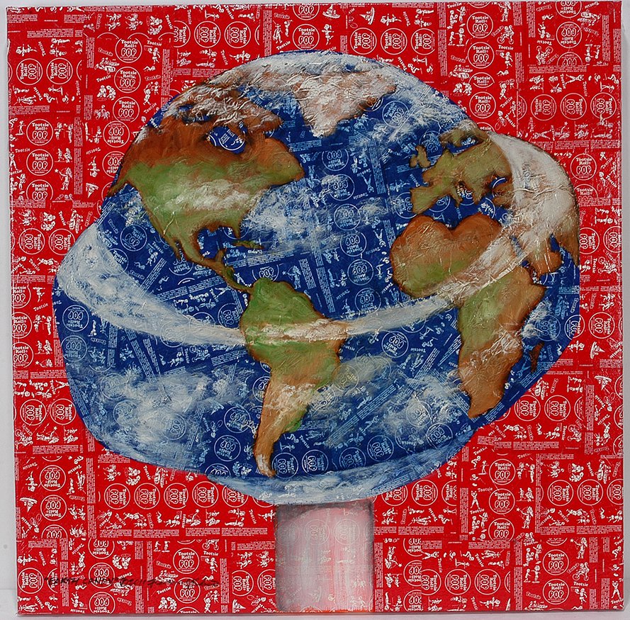 Fred Reber. Earth Candy.: Fred Reber. Earth Candy. 2011. Signed and dated. Paint on Tootsie pop wrappers backed to canvas. Excellent condition. 30” x 30”. Est. $200-400. Ship: $75