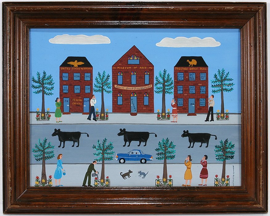 Barry Huffman. Making Things Grow In City.: Barry Huffman. Making Things Grow In The City.1981. Signed and dated. Paint on masonite. Excellent condition. 36” w x 19” h with frame. Est. $300-500. Ship: $45