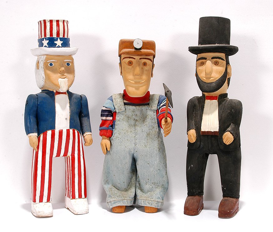 Winford & Geneva Gibson. 3 Carved Icons.: Winford & Geneva Gibson. Three Carved Icons. Signed. Not dated. Carved and painted wood with mixed media. Signed. Not dated. Excellent condition. Average size is 16”h. Est. $100-200. Ship: $65