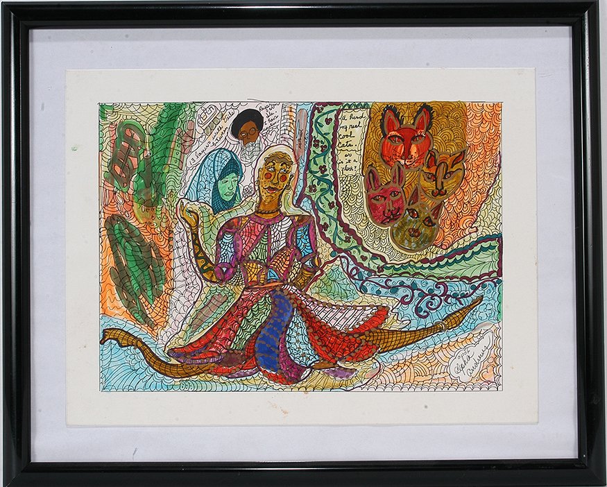 Alpha Andrews. Herd Of Real Cool Cats.: Alpha Andrews. A Herd Of Real Cool Cats. 2006. Signed and dated. Mixed media on paper. Excellent condition. Size with frame is 21”w x 17”h. Est. $200-300. Ship: $45