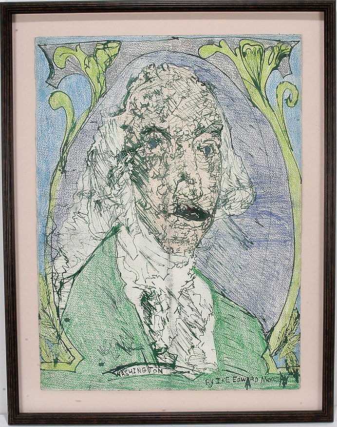 Ike Morgan. George Washington.: Ike Morgan. George Washington. Signed. Not dated. Crayon and marker on paper. Excellent condition. Very large example. Image is 22” w x 29”h. Frame is 28” w x 36”h. Est. $400-800. Ship: $85