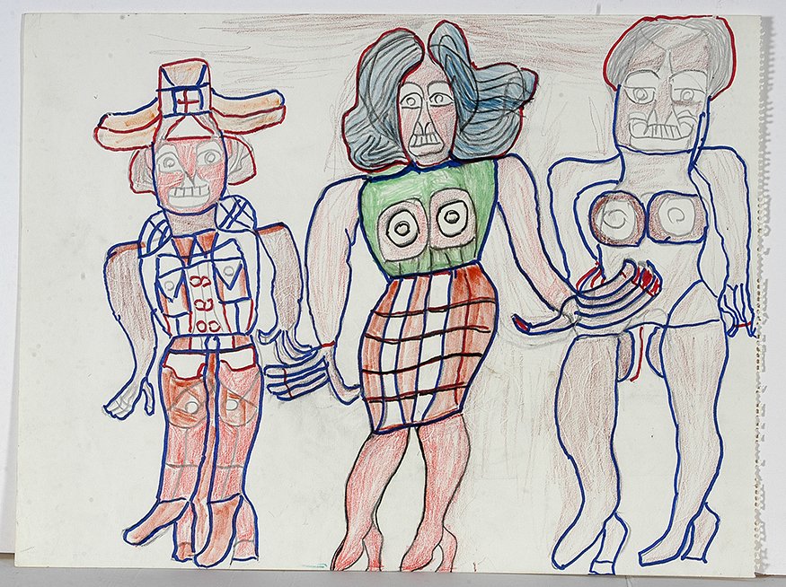 Henry Speller. Jelly Roll, King & Jean King: Henry Speller. Jelly Roll King, Mary King, Jean King. Not signed or dated. Titled on back. Crayon, marker and pencil on paper. 24” w x 18”h. Est. $200-300. Ship: $45
