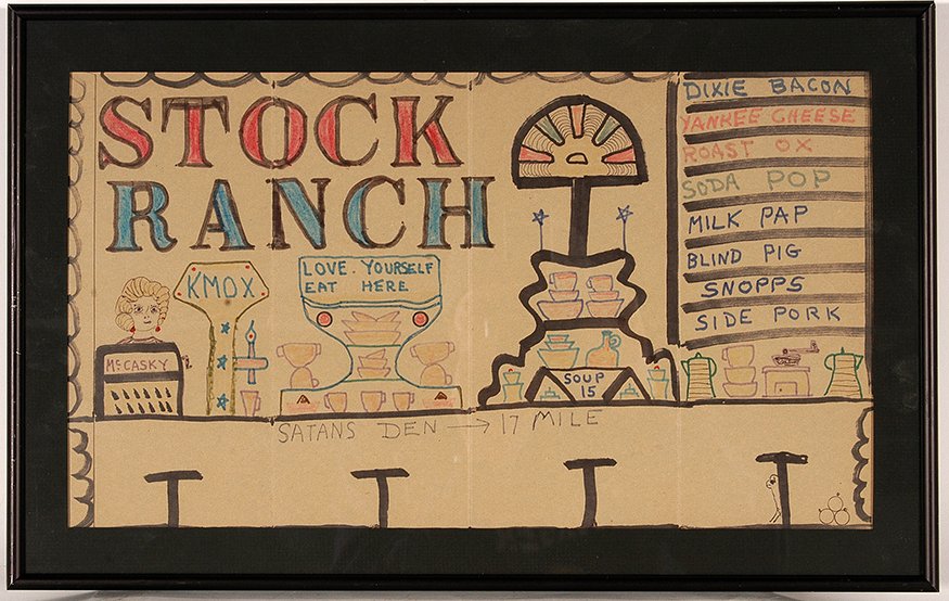 Lewis Smith. Stock Ranch.: Lewis Smith. Stock Ranch.1993. Signed and dated. Colored pencil and marker on Saltine box. Excellent condition. Size with frame is 19” w x 12”h. Est. $200-300. Ship: $35