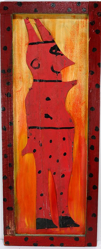 R.A. Miller. Red Devil: R.A. Miller. Red Devil. c. 1980’s. Paint on cut out tin. Excellent condition. Size with frame is 20” w x 51”h. Est. $300-500. Ship: $85