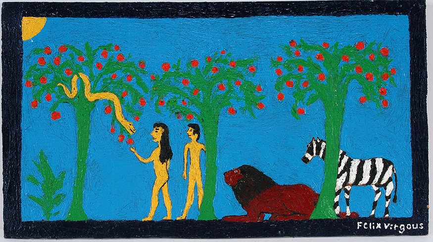 Felix Virgous. Eve Being Deceived.: Felix Virgous. Eve Being Deceived By The Serpent. Signed and titled. Oil on board. Slight warping, otherwise good condition. 23” x 13”. Est. $100-200. Ship: $45