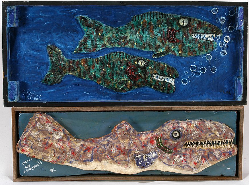 Jessie Lee Mitchell. Pair of Works With Fish.: Jessie Lee Mitchell. Pair of Works With Fish. Signed. Not dated. Mixed media on boards. Excellent condition. Average size is 41”x 17” x 3”. Est. $300-500. Ship: $100