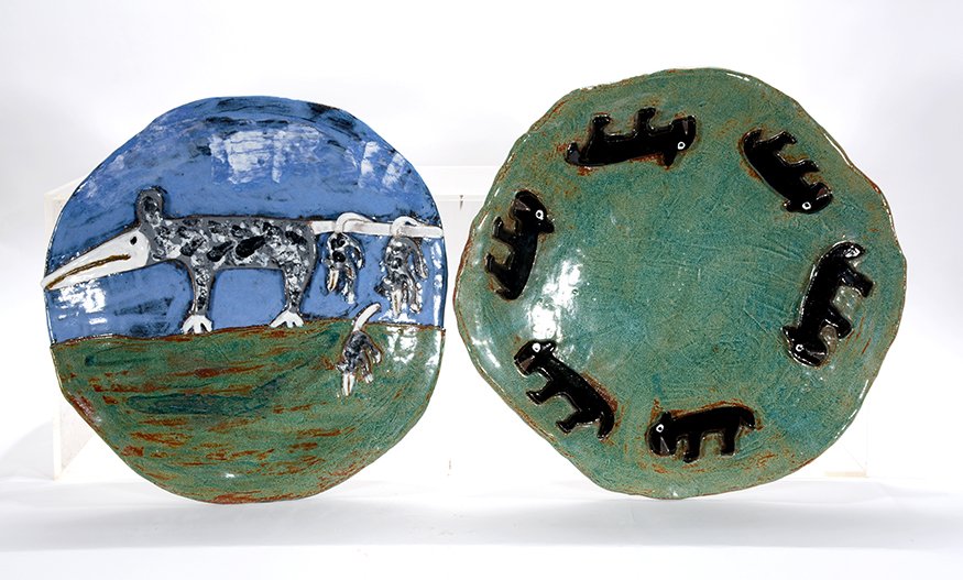 Minnie Adkins. Two Large Ceramic Chargers.: Minnie Adkins. Two Large Ceramic Chargers.1997. Multi-glazed ceramic featuring Minnie’s signature critters. Signed and dated. Mint condition. Average size is 17” diameter. Est. $200-400. Ship: $85