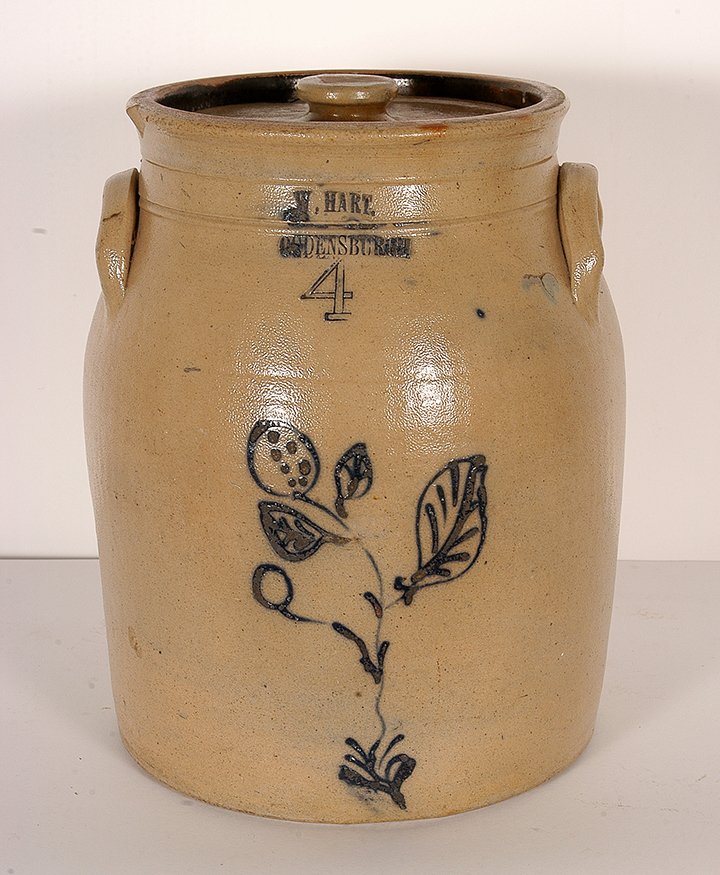 W. Hart Ogdensburgh. 4 Gallon Salt Glazed Crock.: W. Hart Ogdensburgh. 4 Gallon Salt Glazed Crock. Cobalt plant decoration. Excellent condition. 11”h. Est. $200-300. Ship: $85