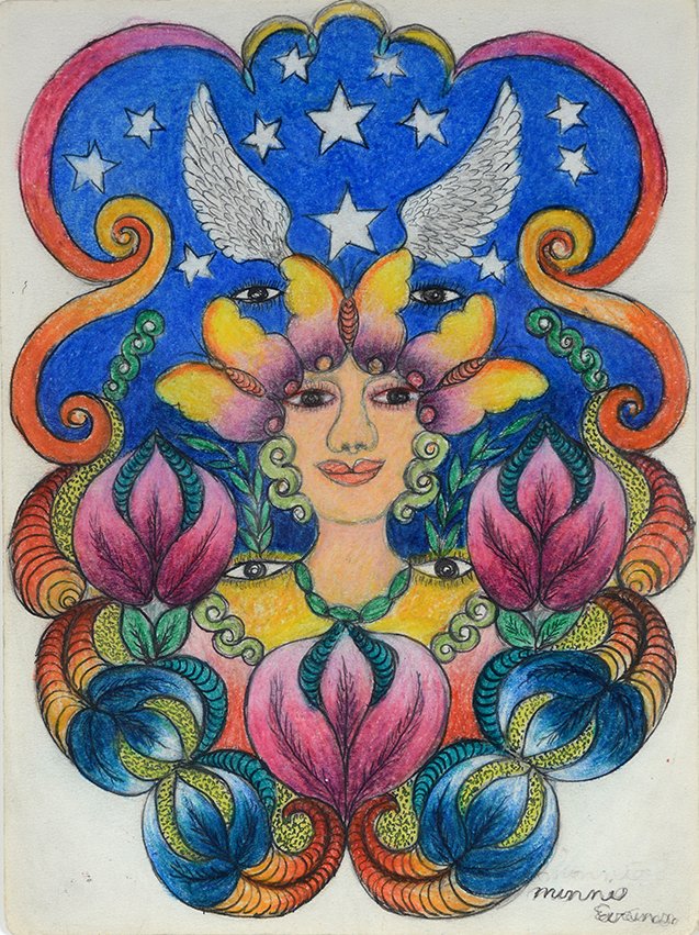 Minnie Evans. Untitled - Woman With Butterflies.: Minnie Evans. Untitled - Woman With Butterflies.Signed. Not dated. Deep rich colors using mixed media and ink. Beautiful example. Excellent condition. Image size is 9” x 12”h. Frame is 19”w x 22