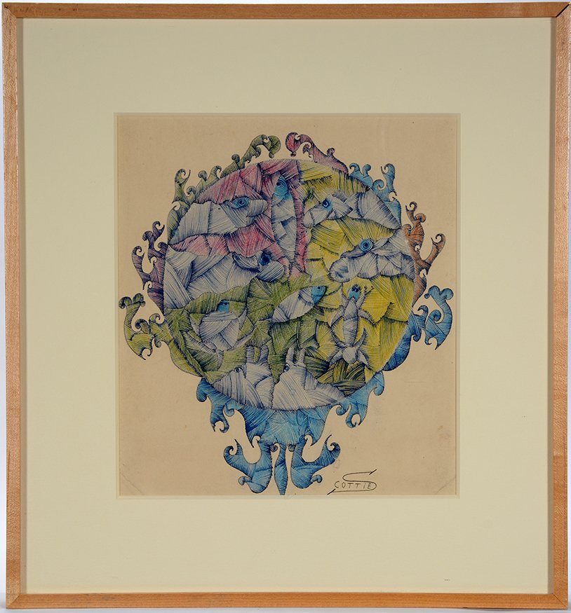 Scottie Wilson. Untitled Framed Drawing.: Scottie Wilson. Untitled Framed Drawing.c. 1935-1945. Early work. Signed, “Scottie.” Ink on paper. Image is 10.5” x 11.75”. Frame is 17” x 18”. Provenance: Phyllis Kind Gallery. Excellent