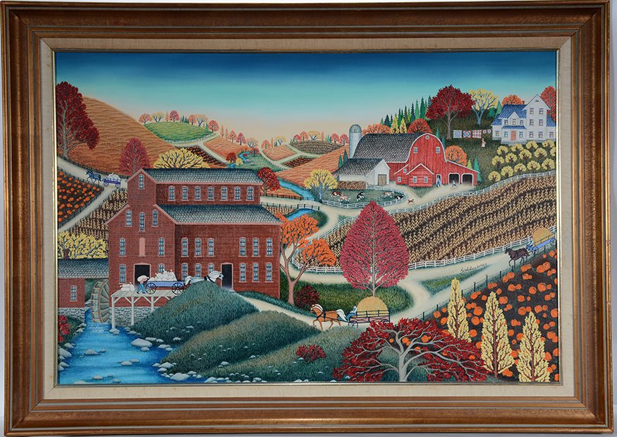 Kathy Jakobsen. Hart Grist Mill.: Kathy Jakobsen. Hart Grist Mill.1982. Signed, dated and titled. Oil on canvas. Excellent condition. Image is 36” w x 24”h. Frame is 42” w x 30”h. Large work. Est. $4,000-8,000. Ship: $150