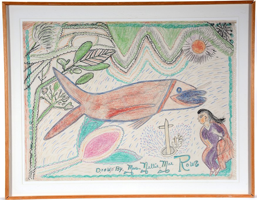 Nellie Mae Rowe. Fish.: Nellie Mae Rowe. Fish.1975. Signed. Crayon and colored pencil on paper. Excellent condition. Image is 24” w x 18”h. Frame is 28”w x 22”h. Provenance: Exhibited in The Museum of American Folk A