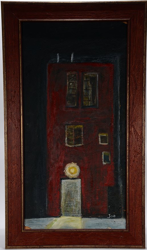 Jon Serl. The House.: Jon Serl. The House.1977. Signed, dated and titled on back with label from Dominican sisters. Oil on found artist board. Some crazing and small loss in corners, otherwise great condition. Image is 17�