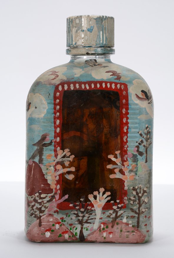 Howard Finster. Put Your Picture Here.: Howard Finster. Put Your Picture Here.Signed. Not dated. Pre-numbering. Paint and magazine photo taped to back on glass bottle. Excellent condition. 8” h. Est. $500-1,000. Ship: $35