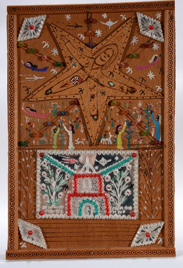 Howard Finster. How Could A Leaf Form Itself, #4,243.: Howard Finster. How Could A Leaf Form Itself, #4,243.Feb. 1, 1985. Paint, wood, carved mirror and plastic beads on wooden board with artist handmade frame. 9” x 11”. Est. $1,500-1,800. Ship: $35