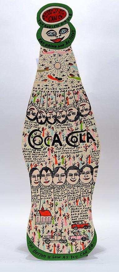 Howard Finster. Coke Bottle, #16,295.: Howard Finster. Coke Bottle, #16,295.1990. Signed, dated, titled and numbered. Paint and marker on cut out board. Excellent condition. 34”h. Est. $800-1,200. Ship: $65
