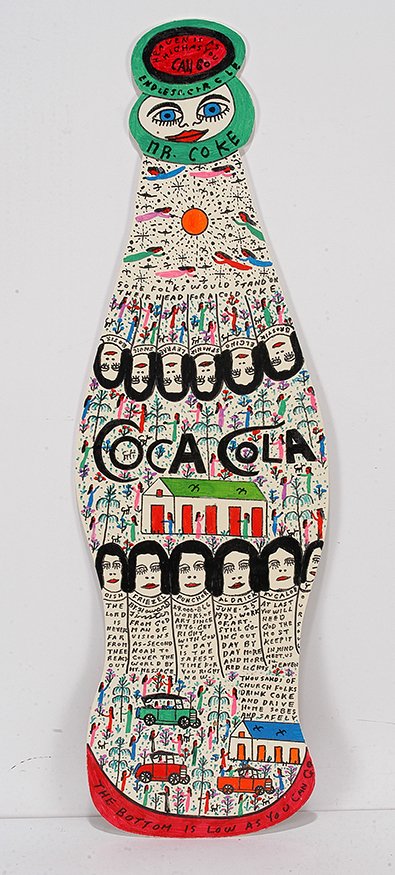 Howard Finster. Coca-Cola, #29,866.: Howard Finster. Coca-Cola, #29,866.1993. Signed, dated, titled and numbered. Paint and marker on cut out board. Excellent condition. 10.5”w x 34”h. Est. $800-1,200 Ship: $65