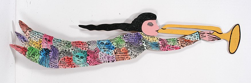 Howard Finster. Resting Soul Trumpeting Angel, #8,075.: Howard Finster. Resting Soul Trumpeting Angel, #8,075.1988. Signed, dated, titled and numbered. Paint on cut out board. Excellent condition. 49” w x 11”h. Est. $1,000-2,000. Ship: $65