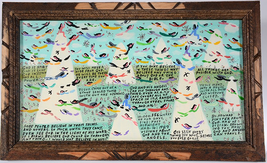 Howard Finster. God and Angel Can Fly Through: Howard Finster. God and Angel Can Fly Through Anything, #10,356.1989. Signed, dated, titled and numbered. Paint, marker and glitter on board. Excellent condition. Size with frame is 23” w x 14”h. 