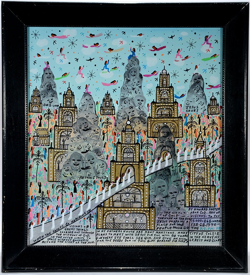 Howard Finster. When The Saints Go Marching In,: Howard Finster. When The Saints Go Marching In, #13,868.1990. Signed, dated titled and numbered. Paint and marker on board. Excellent condition. Size with frame is 23” w x 25”h. Est. $1,000-2,000.