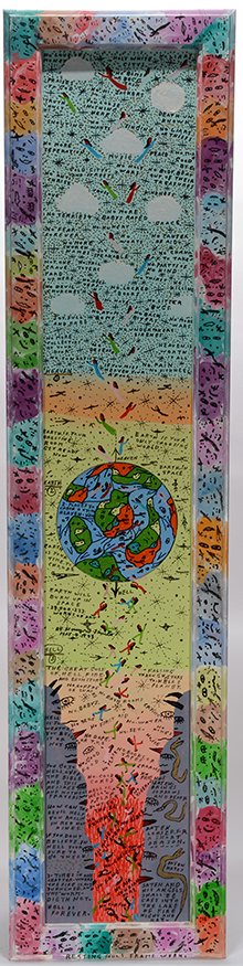 Howard Finster. Earth Heaven Hell, #29,233: Howard Finster. Earth Heaven Hell, #29,233.1993. Signed, dated, titled and numbered. Paint on board with artist decorated frame. Excellent condition. 12” w x 50”h. Est. $1,000-1,500. Ship: $85