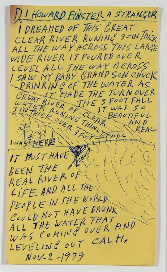 Howard Finster. Yellow Preaching Note Card.: Howard Finster. Yellow Preaching Note Card.1979. Signed and dated. Ink on paper. Stain in upper left corner, otherwise great condition. Image is 3.5” x 6”. Frame is 13” w x 15”h. Est. $300-500