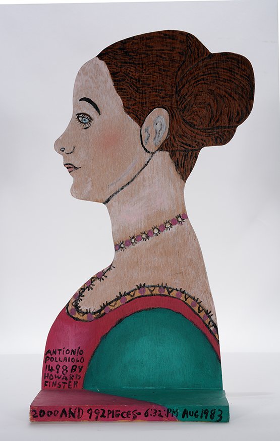 Howard Finster. Antionio Pollaiolo, #2,992.: Howard Finster. Antionio Pollaiolo, #2,992.1983. Signed, dated titled and numbered. Paint on cutout board with base. Excellent condition. 17.5” x 8” x 3.5”. Est. $600-800. Ship: $45