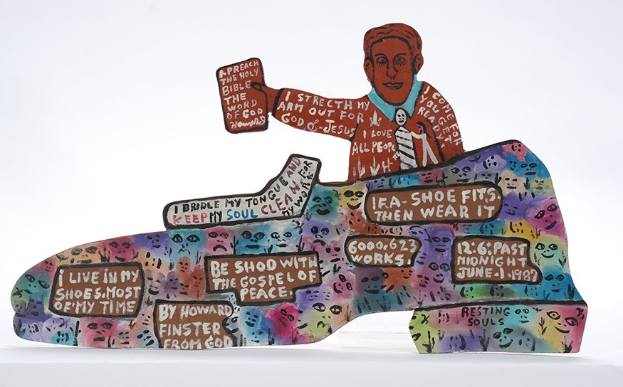 Howard Finster. Howard In A Shoe, #6,623.: Howard Finster. Howard In A Shoe, #6,623.1987. Signed, dated, titled and numbered. Paint on cutout board. Excellent condition. 17” w x 10”h. Est. $600-800. Ship: $35