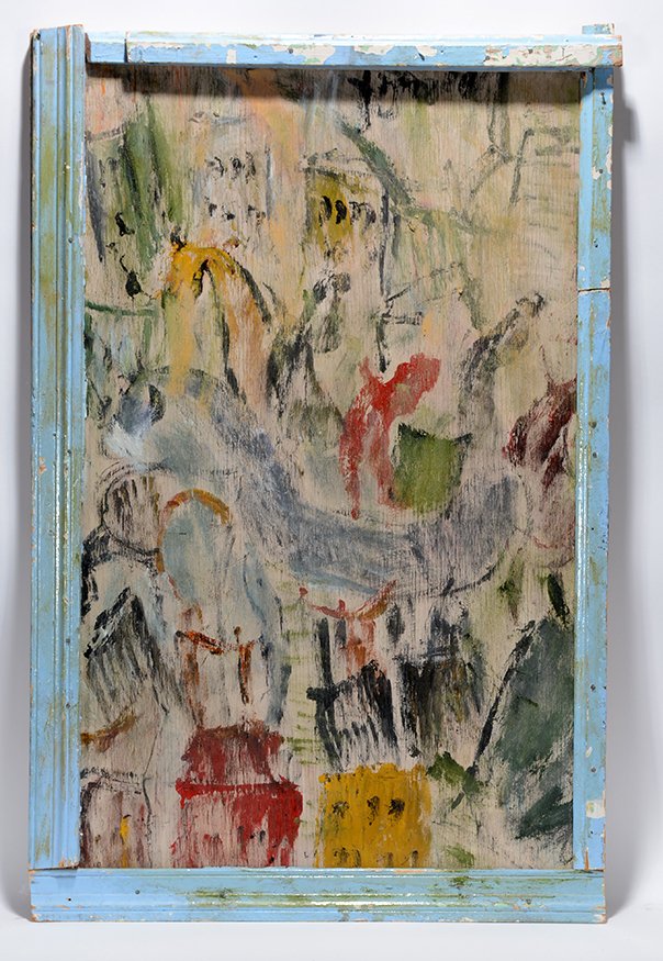 Purvis Young. Untitled.: Purvis Young. Untitled.c. 1990’s. Signed. Paint on found board with artist made frame. Excellent condition. 26” w x 39”h. Provenance: The Private Collection of Leslie Muth. Est. $1,000-1,500. Sh