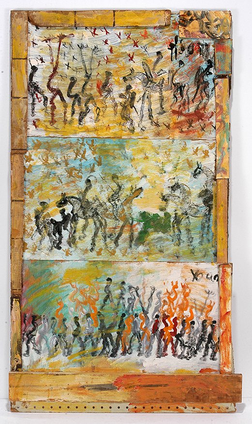 Purvis Young. Crowd and Horses.: Purvis Young. Crowd and Horses.Signed. Paint on found and constructed board. Great condition. 26” w x 48”h. Provenance: The Gitter Family Collection. Est. $1,000-1,500. Ship: $85