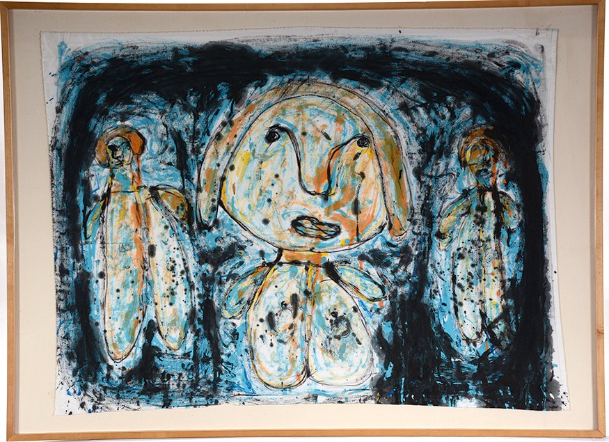 Giordano Gelli. Untitled (3 Blue Figures).: Giordano Gelli. Untitled (3 Blue Figures).Mixed paint media on linen. Image is 38” w x 29”h. Frame is 45 w x 33”h. Gelli attended art workshops at the Italian La Tinaia Institute For the Develop