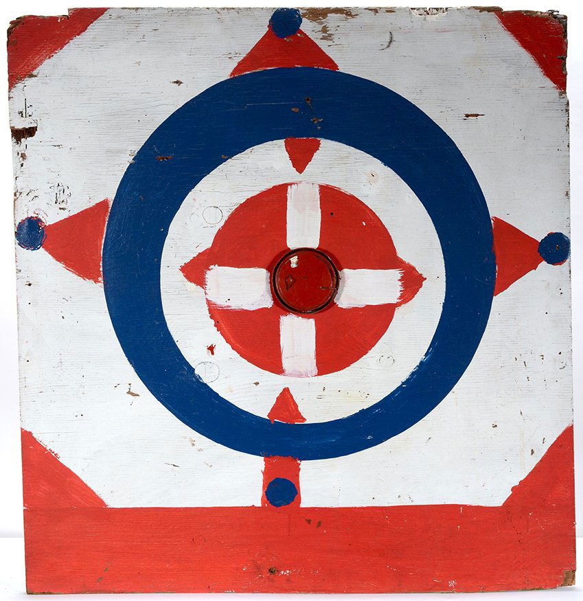 J.B. Lemming. Bullseye With Triangle Flashes.: J.B. Lemming. Bullseye With Triangle Flashes. Not signed. Paint on found board with lid from paint can nailed to center. Great condition. 33” w x 34”h. Est. $800-1,200. Ship: $75