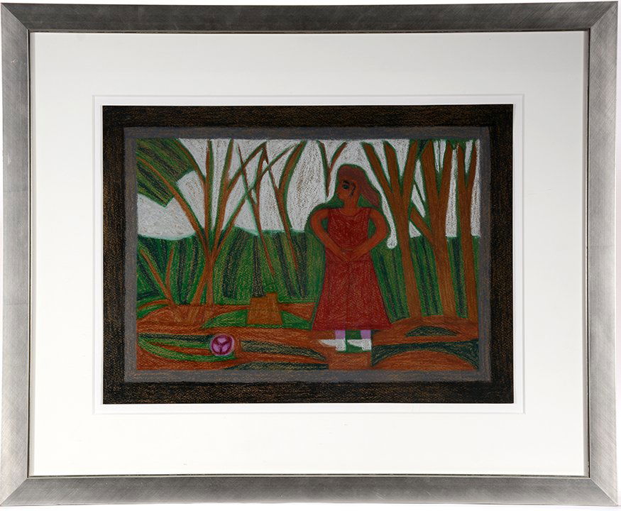 Eddie Arning. Woman In The Woods.: Eddie Arning. Woman In The Woods.#937. Numbered on verso. Oil crayon on poster. Excellent condition. Image is 22” w x 16”h. Frame is 33” w x 26”h. Est. $1,000-3,000. Ship: $75