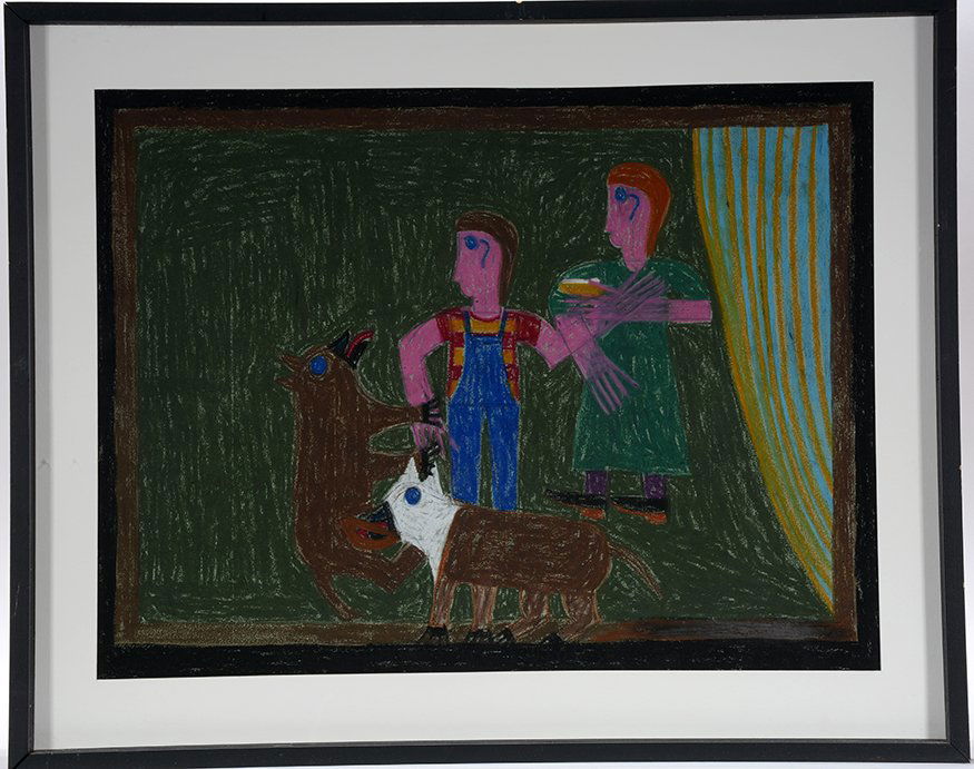 Eddie Arning. Dog Food Advertisement.: Eddie Arning. Dog Food Advertisement.Not signed or dated. Cray pas on paper. Excellent condition. Image is 24” w x 18”h. Frame is 29”w x 24”h. Est. $1,000-3,000. Ship: $75