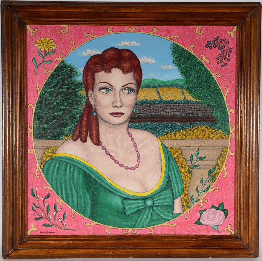 Stephen Anderson. Hazel Court.: Stephen Anderson. Hazel Court.1993. Signed, dated and titled on verso. Tempera on shade cloth on hard board. Excellent condition. 24” w x 24”h. Est. $800-1,200. Ship: $55