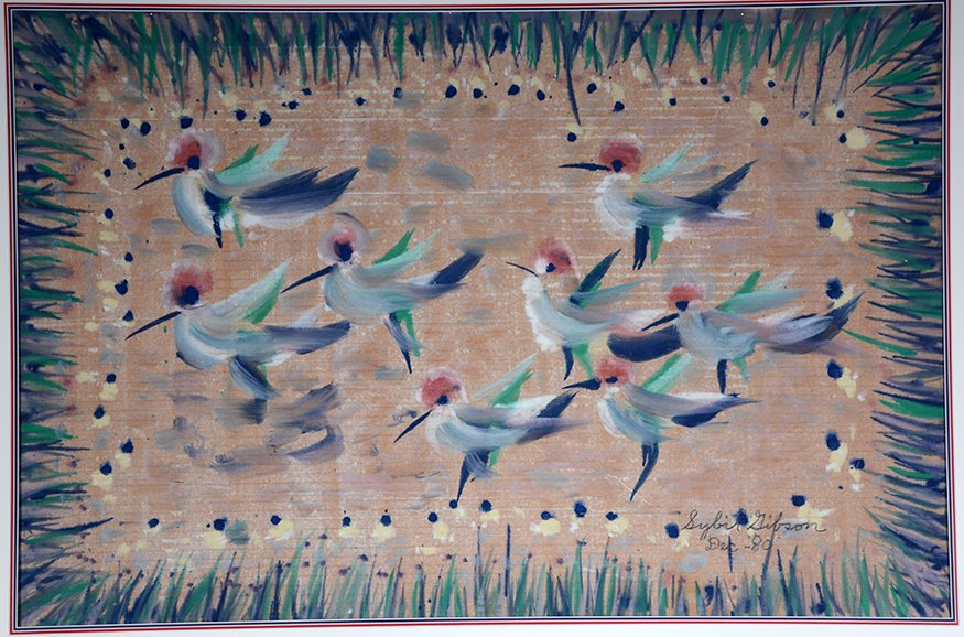 Sybil Gibson. Exodus Of Birds.: Sybil Gibson. Exodus Of Birds.1980. Signed and dated. Watercolor on brown paper. Excellent condition. Image is 36” w x 24”h. A Sybil Gibson Masterpiece. Provenance: The Sybil Gibson Personal Famil