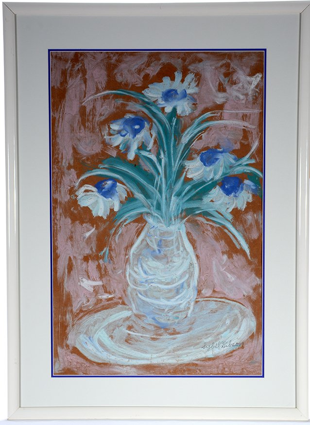 Sybil Gibson. White Vase Floral.: Sybil Gibson. White Vase Floral.c. 1980. Signed. Watercolor on grocery bag. Excellent condition. Size with frame is 24” w x 30”h. Provenance: The Sybil Gibson Personal Family Collection. Est. $1,0