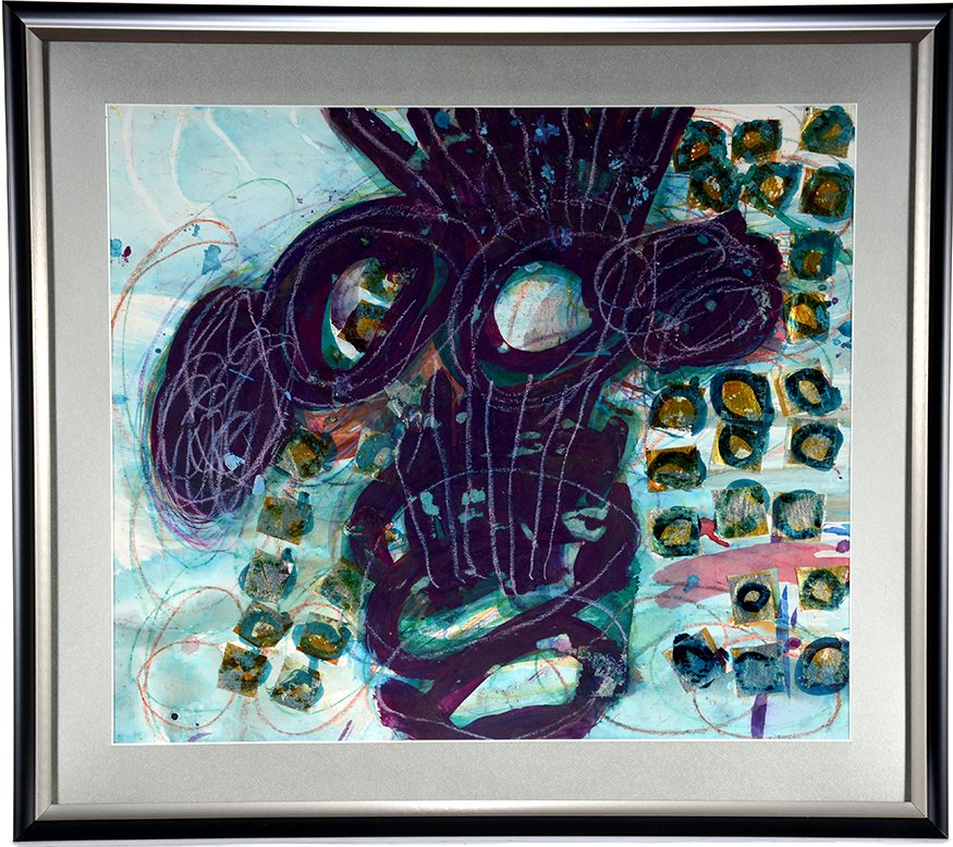 Willie Harris. Self-Portrait In Purple With Collage.: Willie Harris. Self-Portrait In Purple With Collage.2002. Acrylic, watercolor and chalk on poster board with collage elements. Image is 23.5” w x 20” h. Frame is 29” w x 26”h. Harris is with N